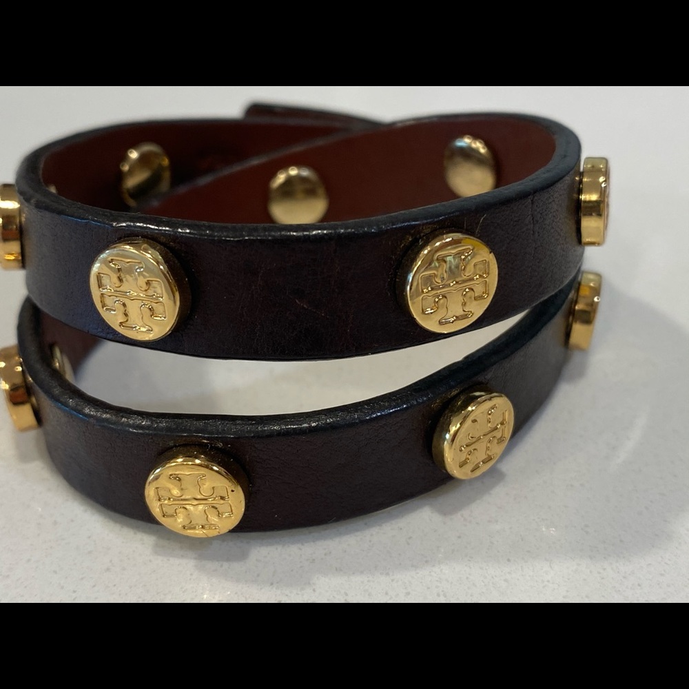 Tory Burch logo stud leather double wrap bracelet
